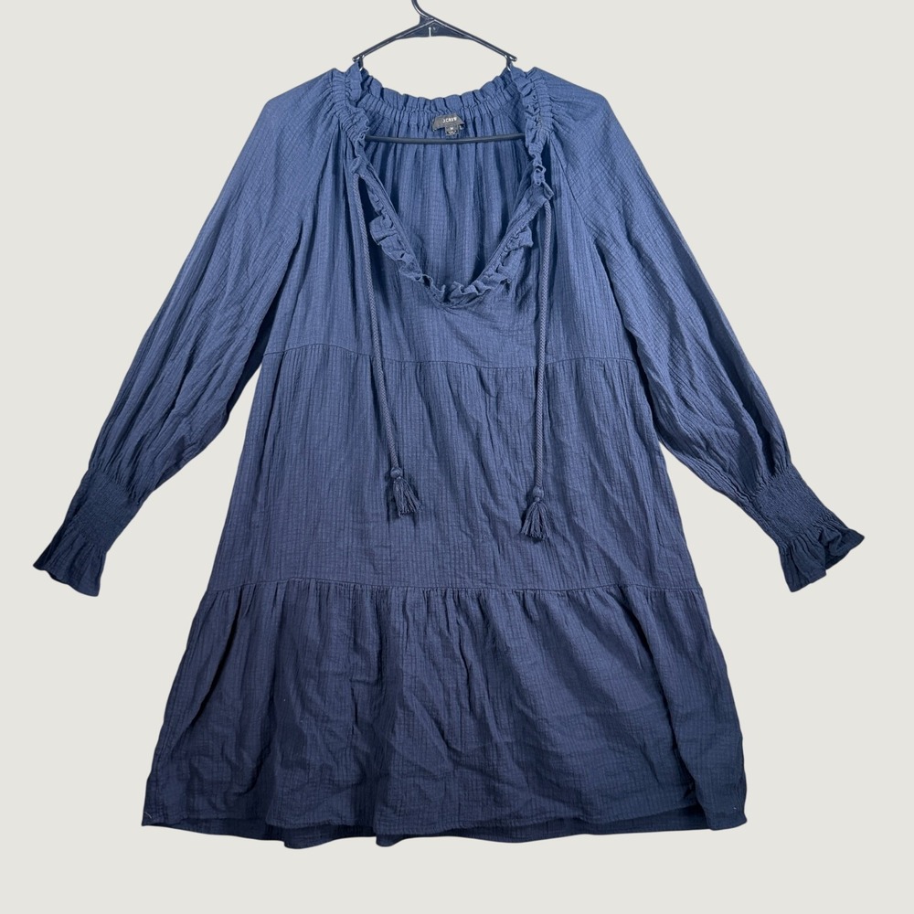 J.Crew Women's Medium Blue Gauze Peasant Dress Ruffle Neck Tiered Boho Prairie
